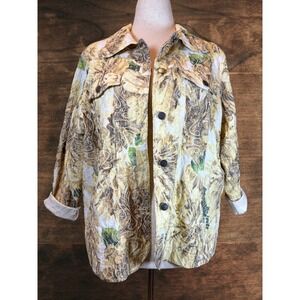 Embroidered Tapestry Print Stretch Trucker Jacket XL Boho Artwear Earth Tones